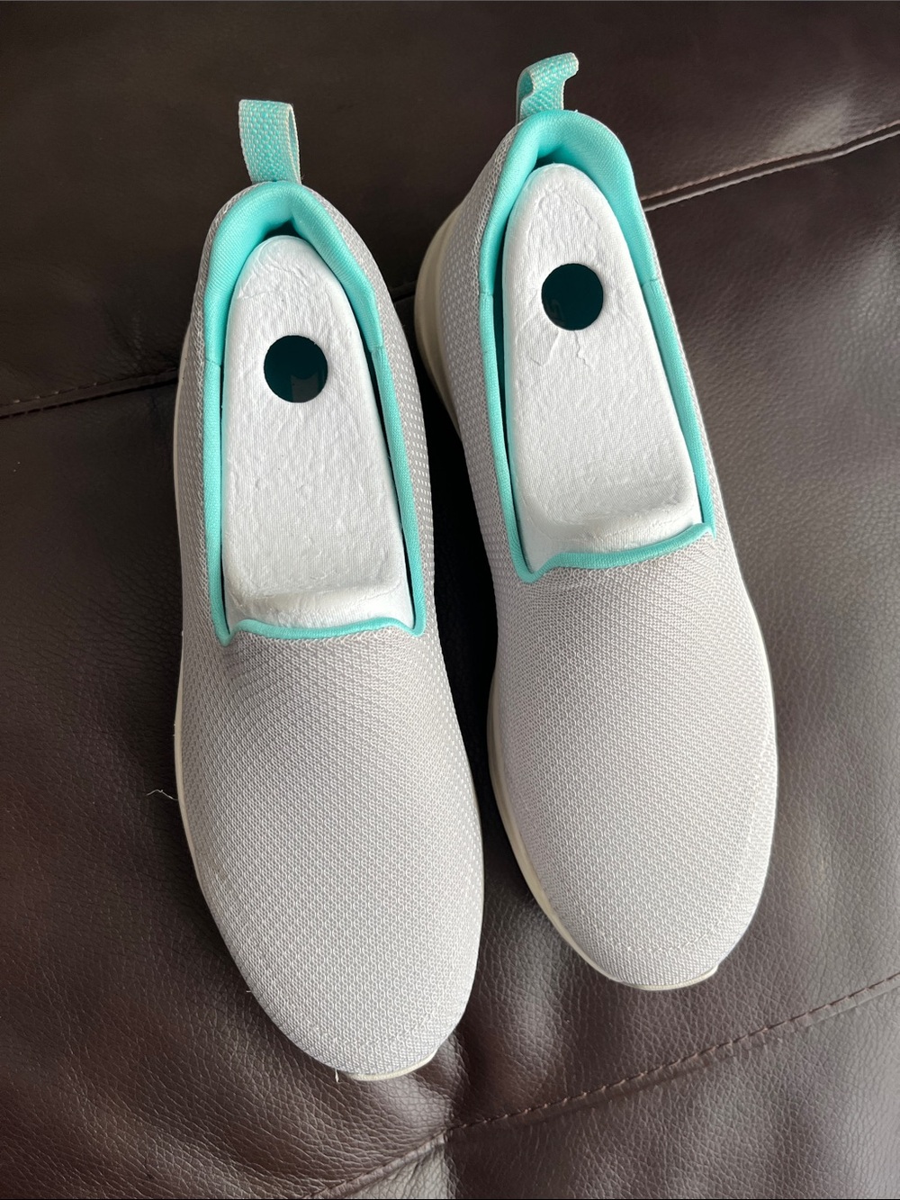 Slip-On Women's Casual Skechers Sneakers in Light Gray with Aqua Trim